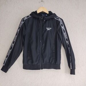 Reebok Jacket Mens S Black Hooded Track Full Zip Logo Tape Sleeve Lightweight